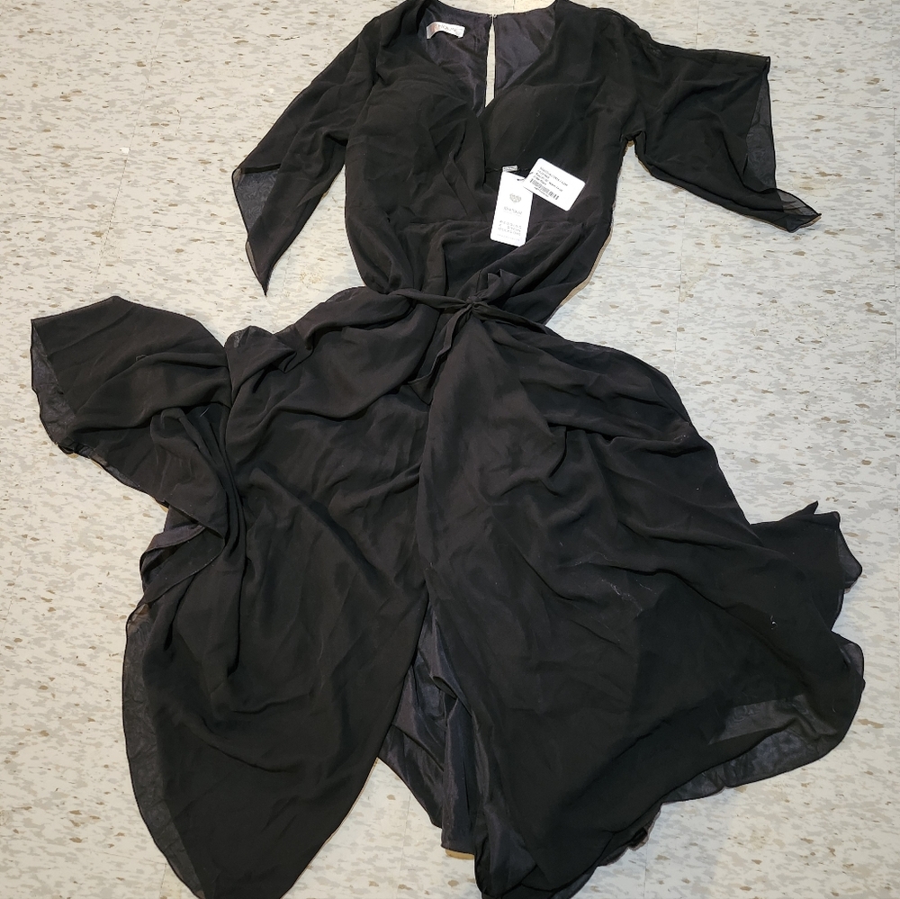 JJs House Black Long Sleeve Wrap Dress with Tie Waist